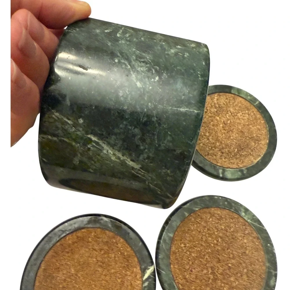 Vintage Dark Green Marble Coaster Set with Cork Inlays and Matching Holder 6pc